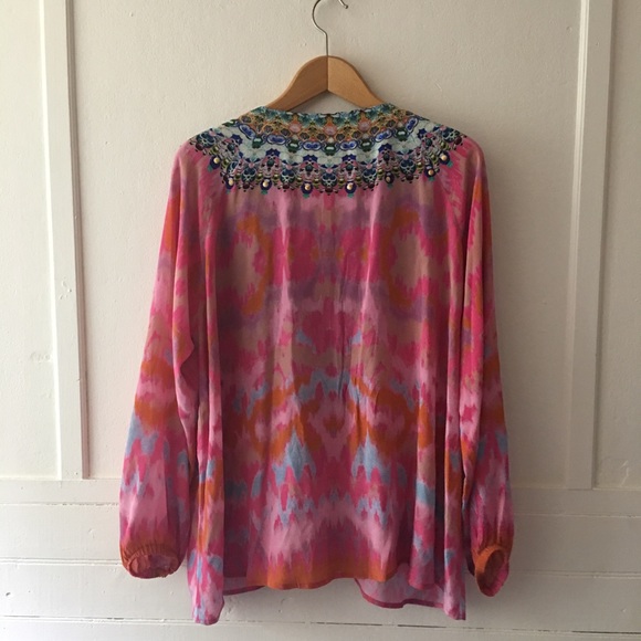 Camilla Printed Silk Hand-Beaded Lace-Up Blouse - Picture 6 of 12